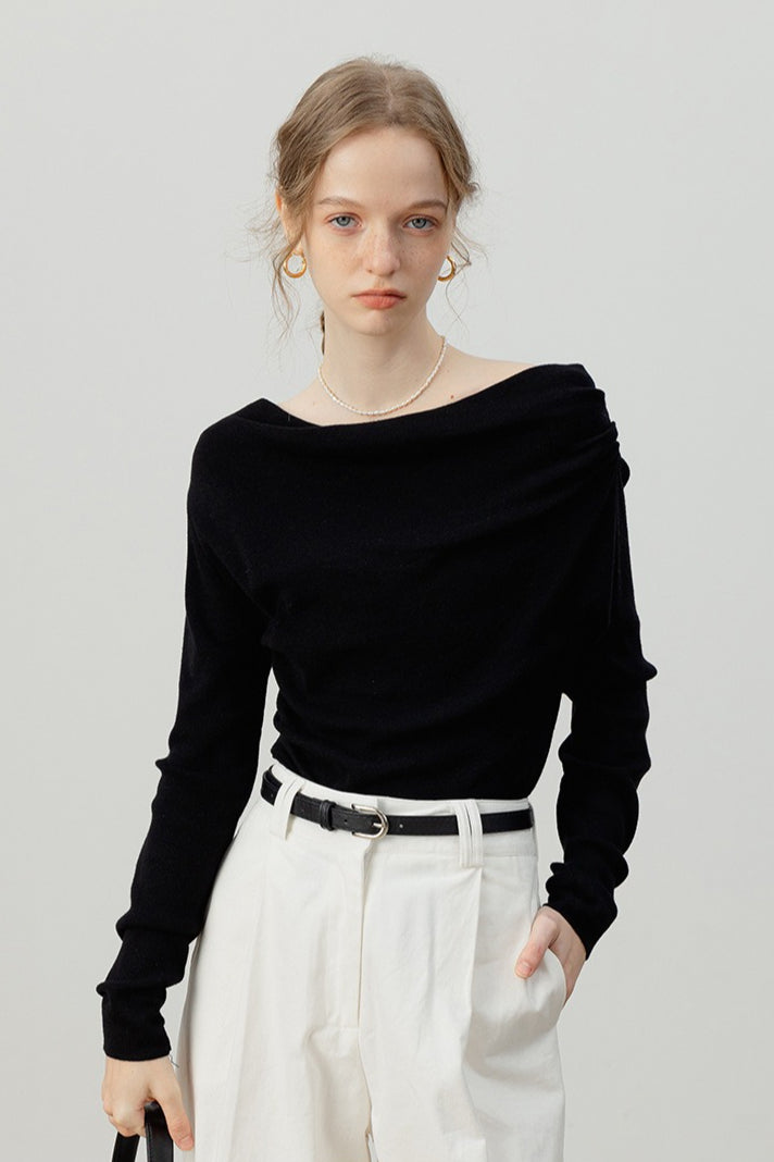 Off-Shoulder Draped Collar Waist-Cinched Knit Top