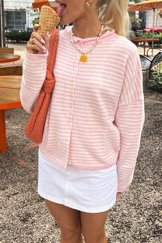 Stripe Roll Neck Button Casual Cardigan