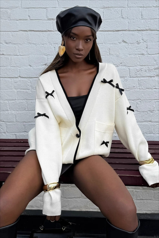 V Neck Bow Color Block Long Sleeve Knit Cardigan