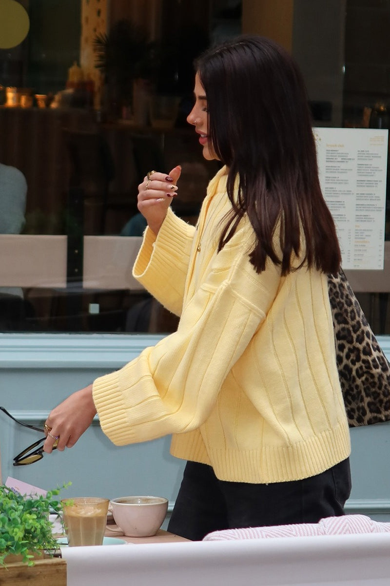 Yellow Ribbed Round Neck Knit Cardigan