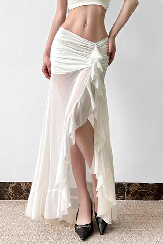 Maxirock mit Netzeinsatz und Rüschen zum Binden