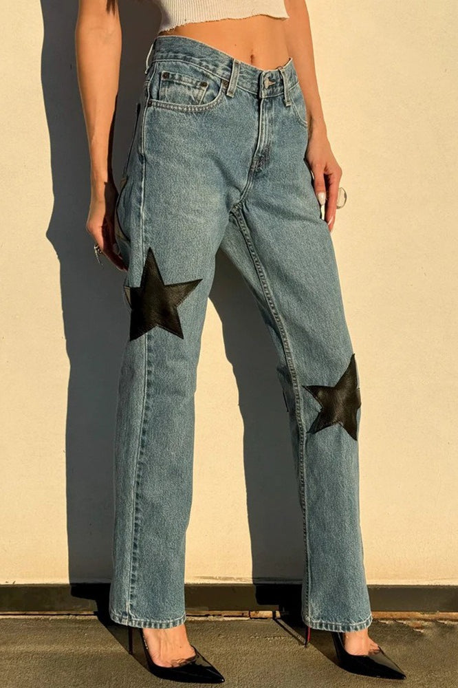 Leather Star Patchwork Straight Leg Jeans