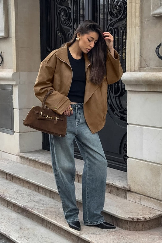 Vintage Khaki Wildleder Kragen Jacke