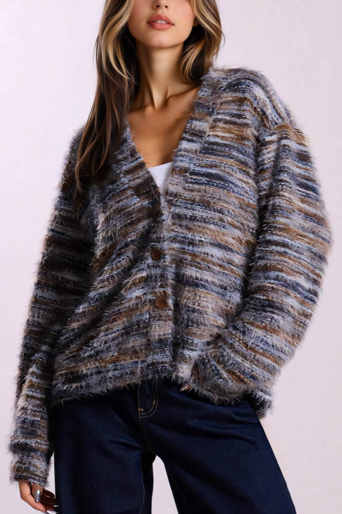 Color Blocked V Neck Cardigan S / Grey
