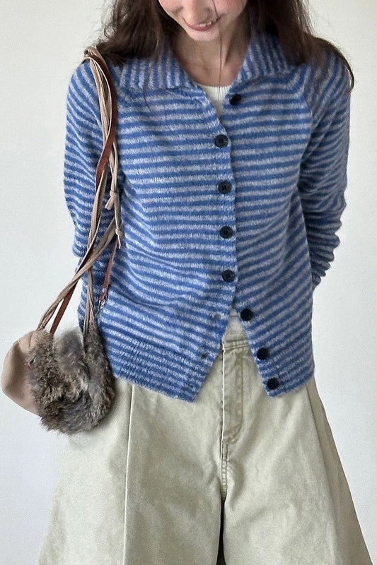Color Block Striped Fitted Wool Knit Cardigan