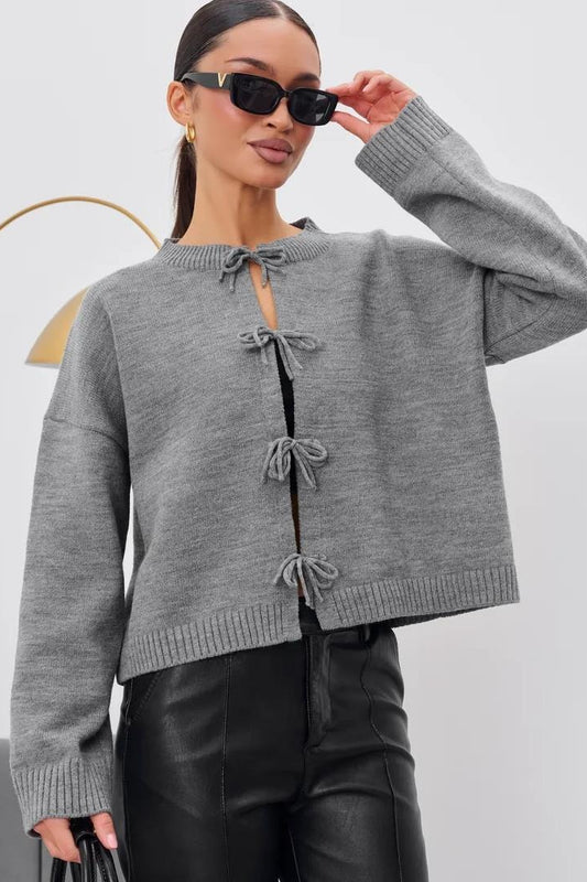 Tie Front Crew Neck Knit Cardigans