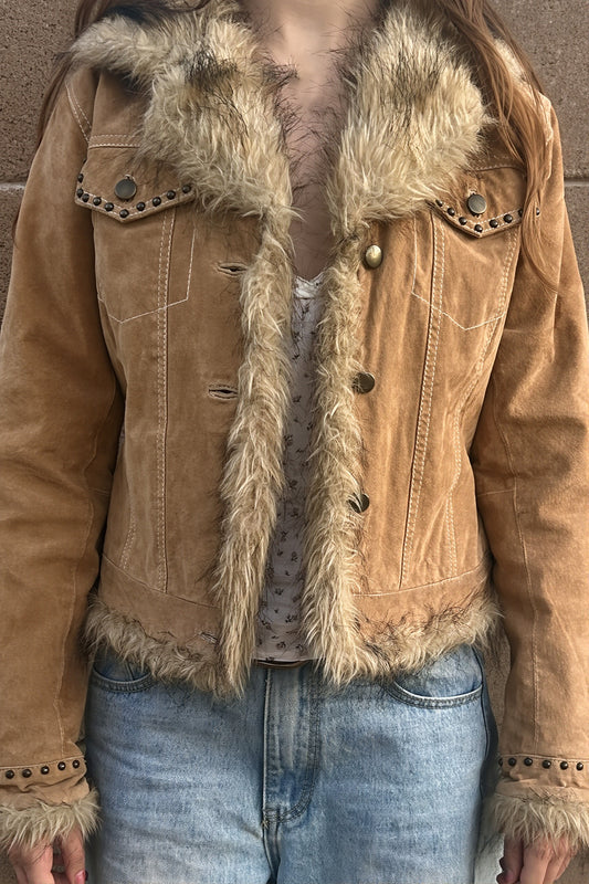 Faux Fur Trim Suede Button Jacket