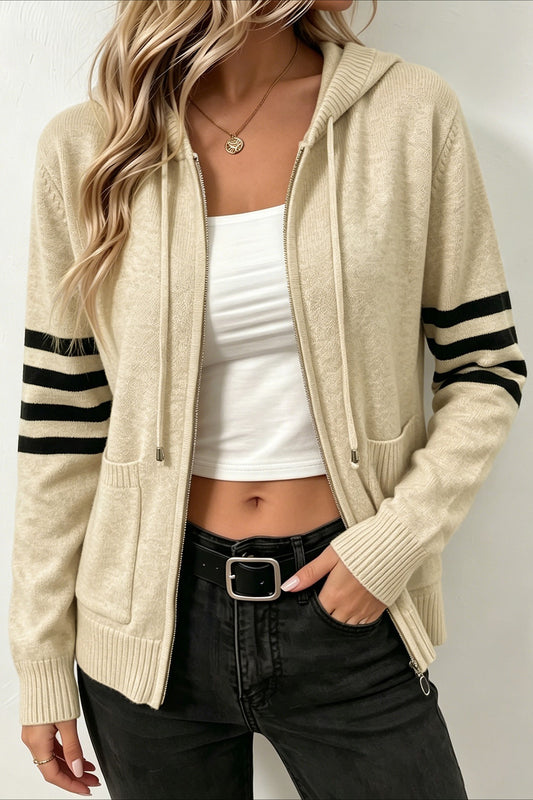 Hooded Stripe Sleeve Zip Cardigans