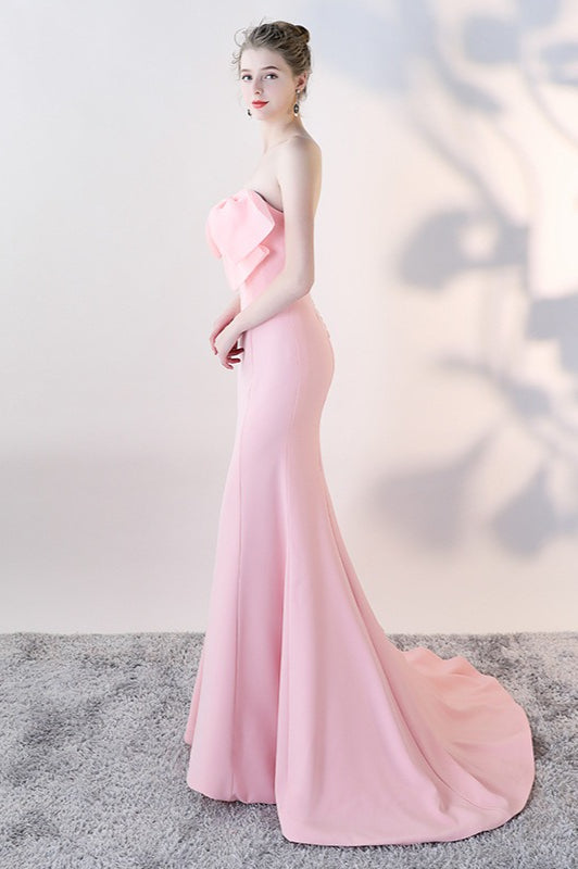 Bow Strapless Mermaid Maxi Party Dress Pink / S