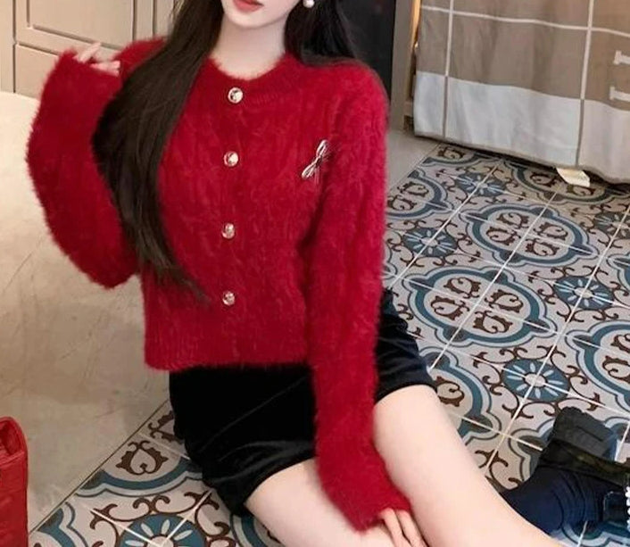 Fluffy Round Neck Bow Christmas Cardigan