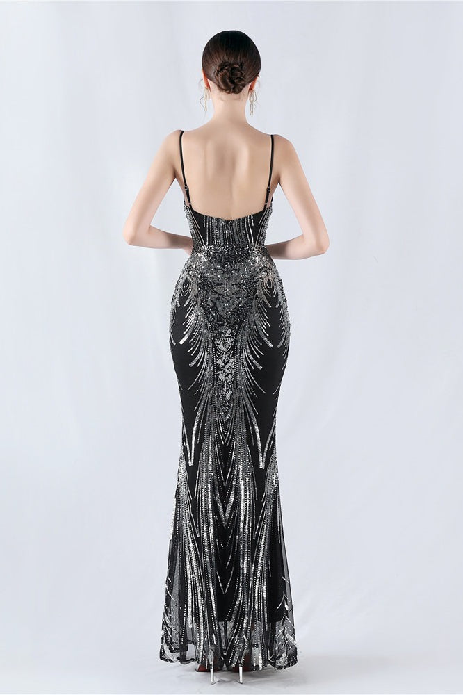 Boned Sequin Embroidered Formal Dress S / Black