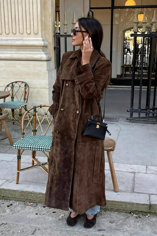 Brown Suede Look Double Breasted Coat