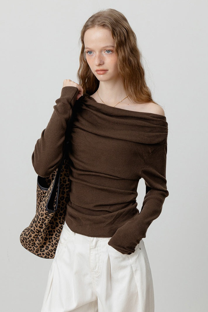 Off-Shoulder Draped Collar Waist-Cinched Knit Top