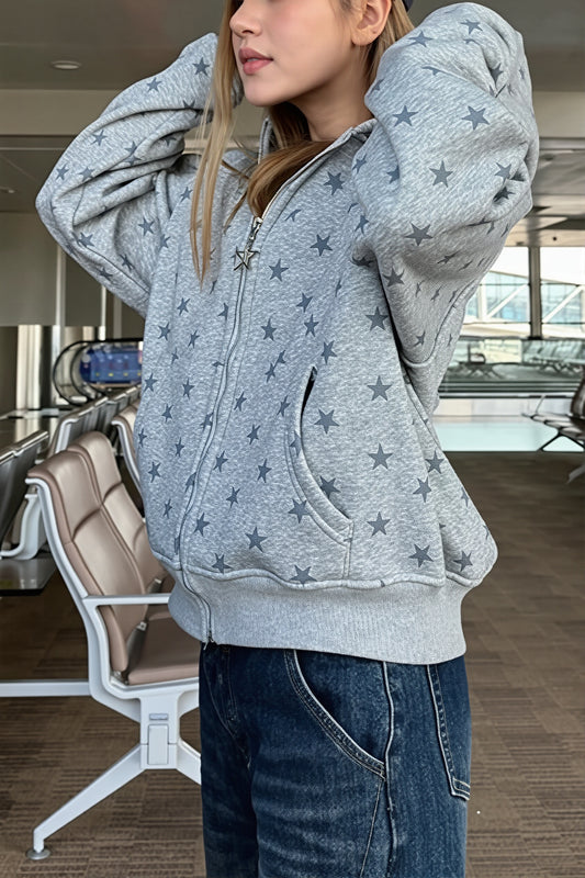 Casual Full Star Print Zip Hoodie