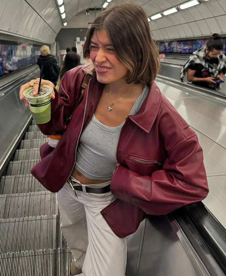 Red Wine Leather Lapel Coat Coats-241208