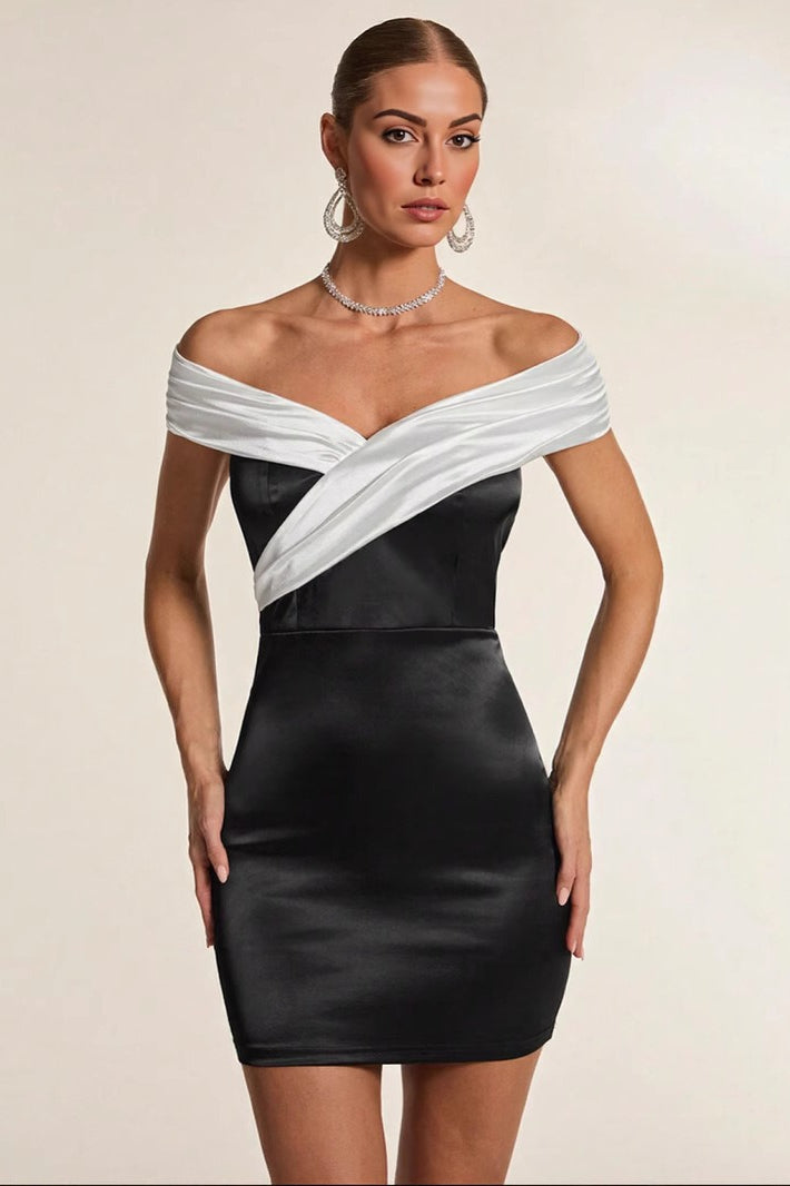 Black White Off Shoulder Party Dress S / Black