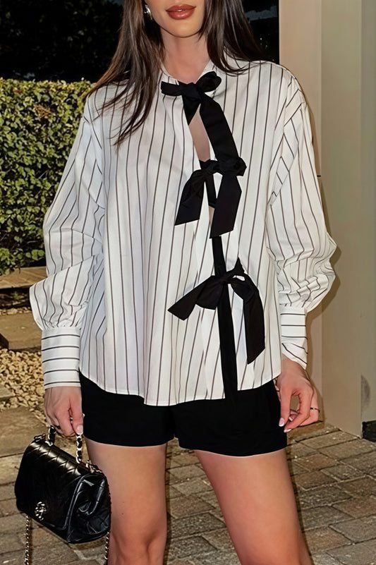 Bow Tie Striped Lapel Long Sleeve Blouse