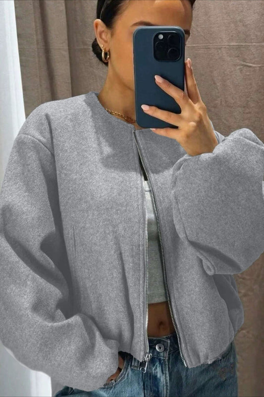 Soft Round-Neck Zip Bomber Jacket