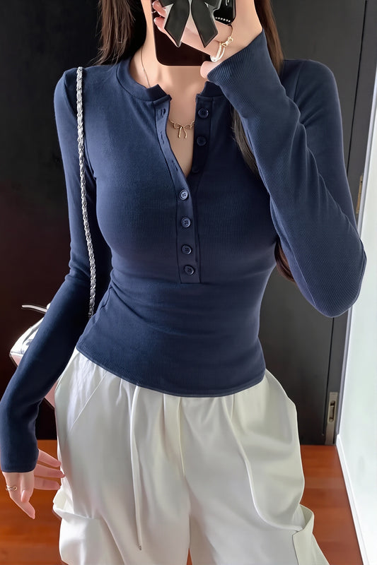Ribbed Henley Neck Fitted Long Sleeve Tee