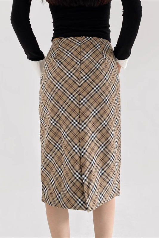 Karierter Bodycon-Rock mit Spitzenbesatz