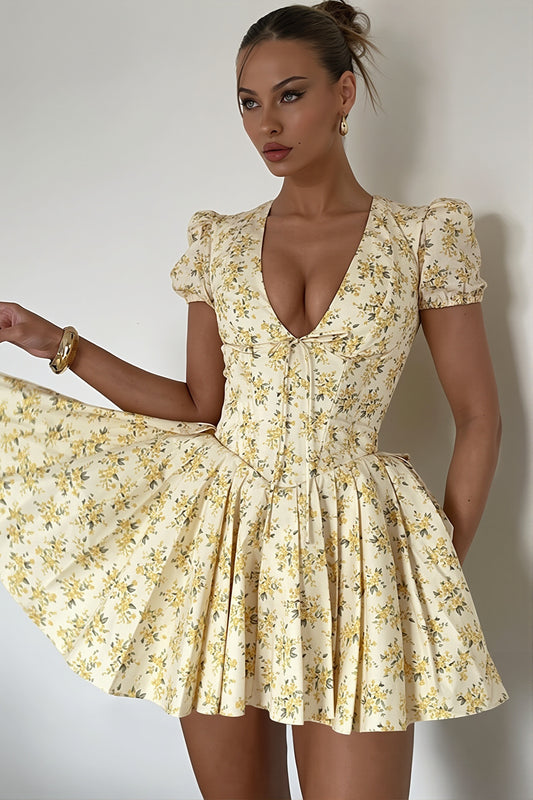 Floral Puff Sleeve Deep V Flared Mini Dress