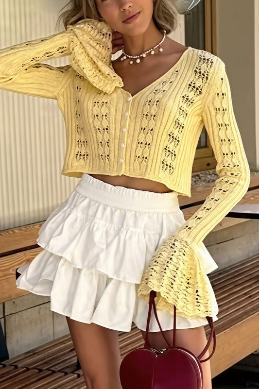 Openwork Flare Sleeve Cropped Cardigan