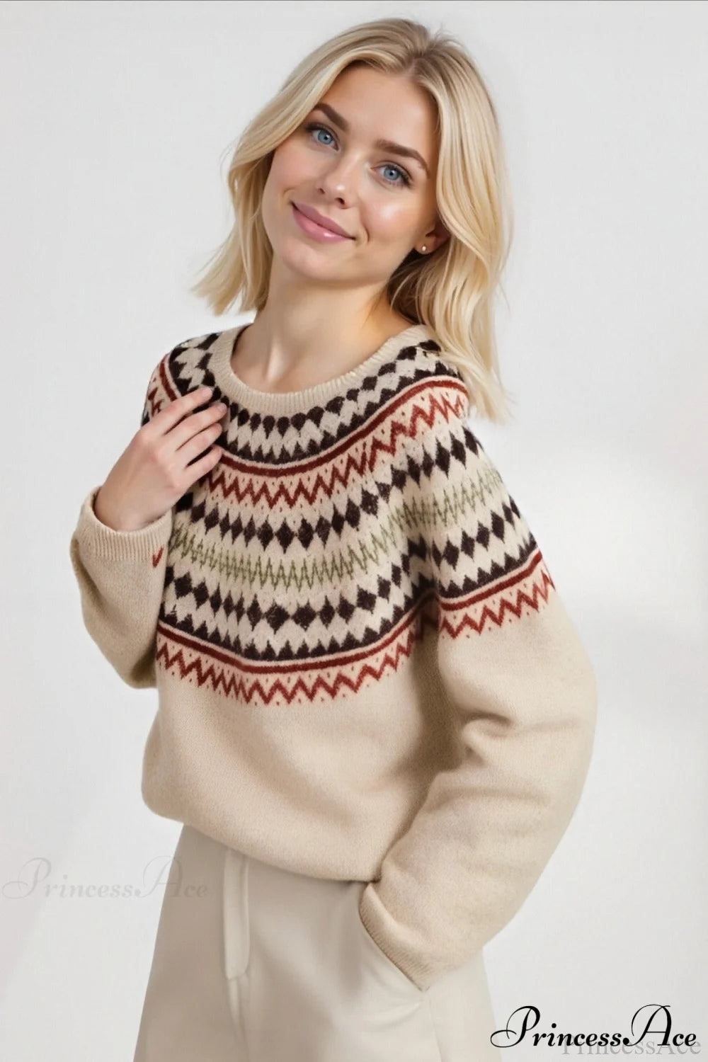 Fair Isle Loose Crewneck Plus Size Knit Sweater