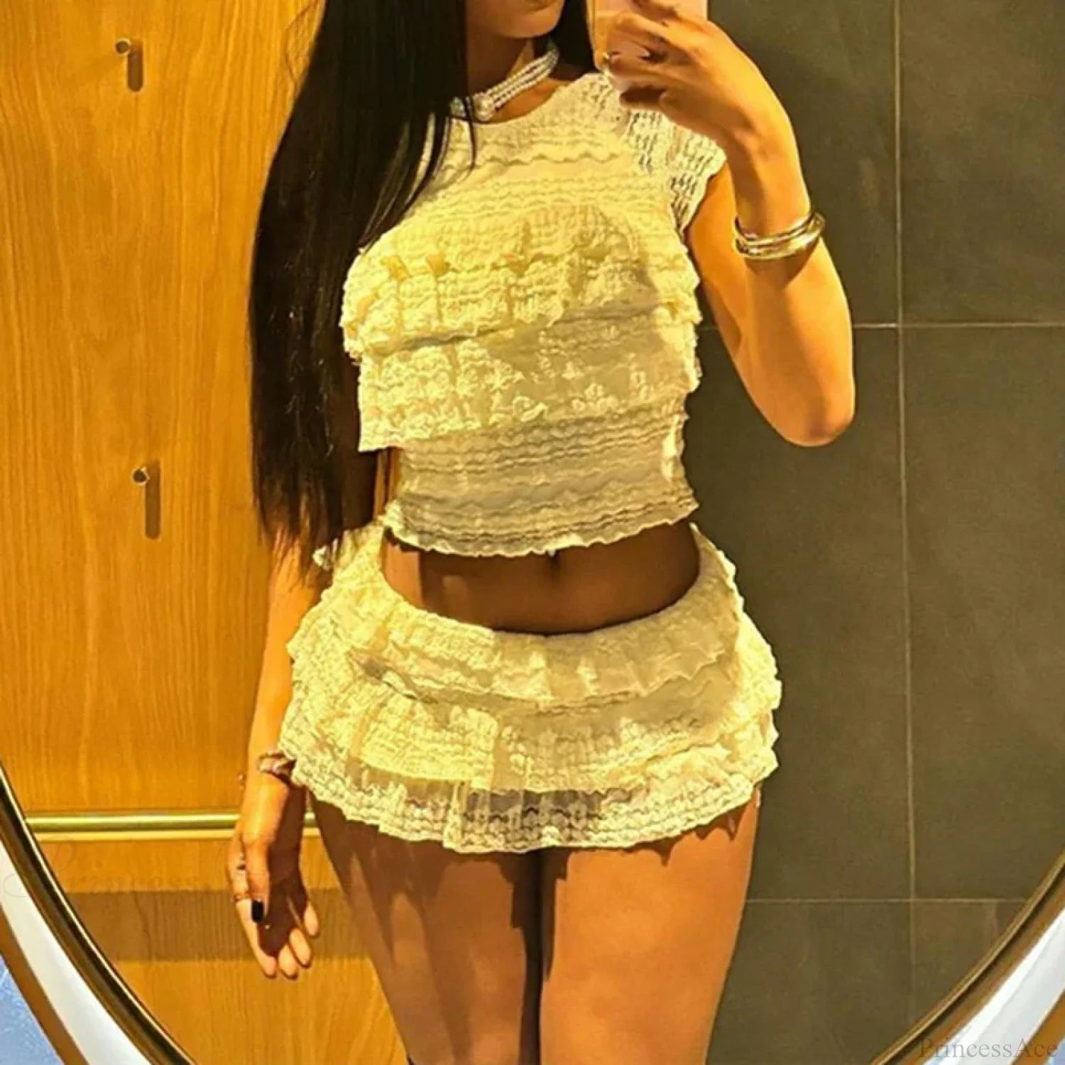 Fairy Coquette Outfits Lace Layered Ruffles Tank Tops + Mini Cake Shorts 2000s Retro Kawaii 2 Piece Set Y2K Aesthetic