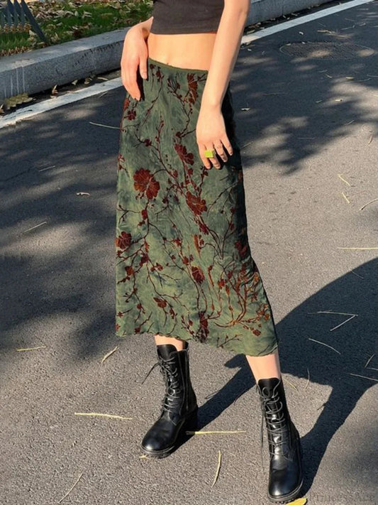 Fairycore Grunge Floral Printed Midi Skirt Y2K Vintage Skirt Green / S skirt-250126
