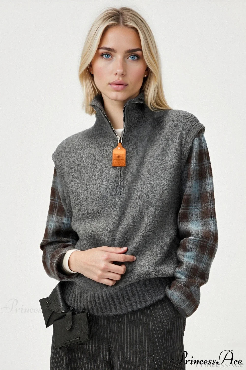 Fake Two Piece Plaid Contrast Half Zip Collared Sweater