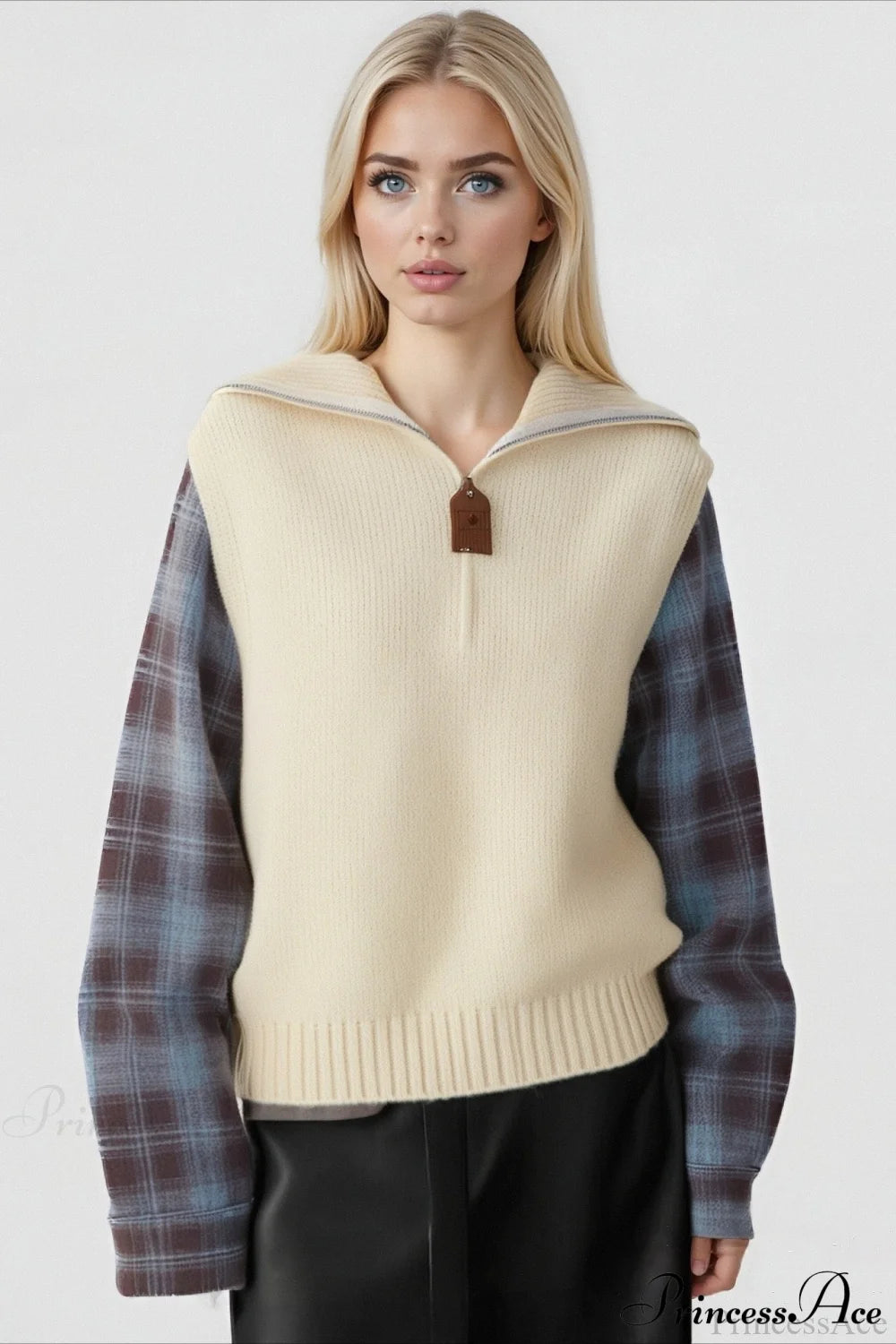 Fake Two Piece Plaid Contrast Half Zip Collared Sweater Beige / One Size