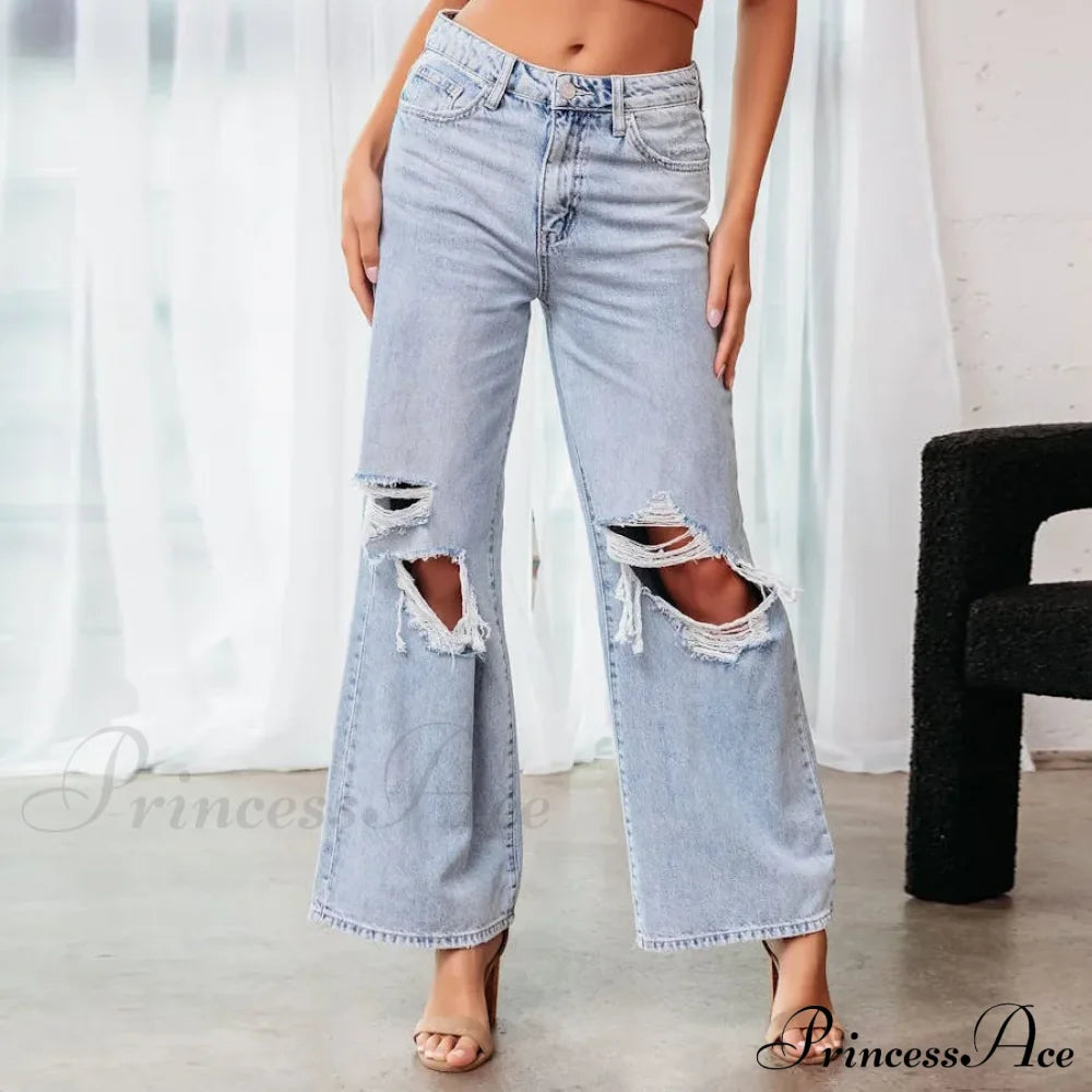 Fall High Waist Ripped New Blue Streetwear Casual Wide Leg Baggy Trendy Fashionable Denim Jean / S