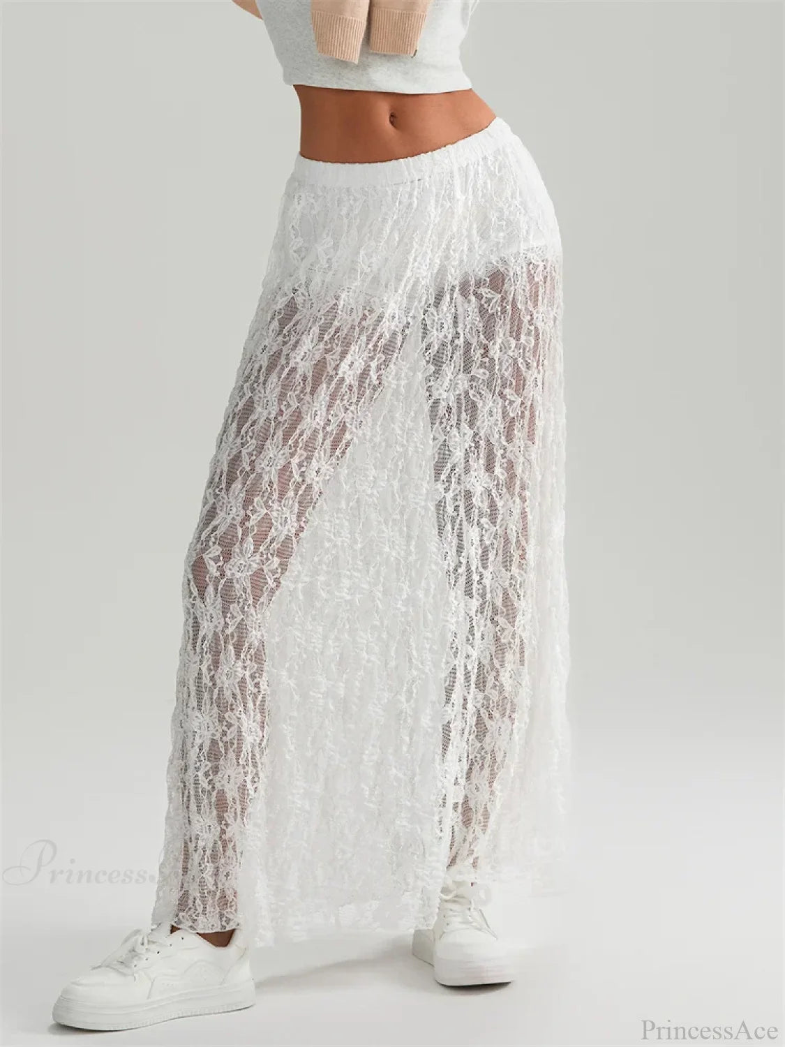 Fall Long Maxi Skirt Elastic Waist Lace Floral Casual Skirt skirt-250126