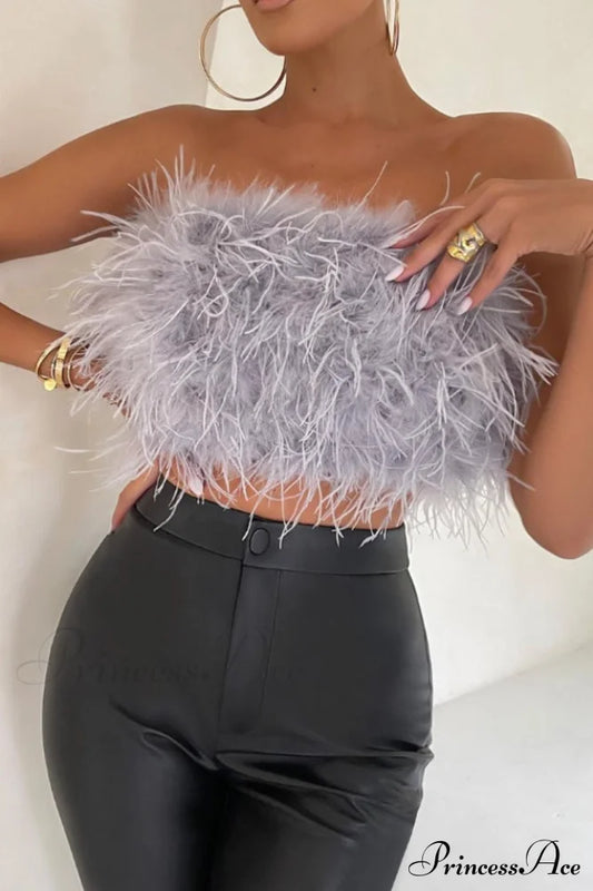 Fancy Strapless Stylish Feather Crop Top