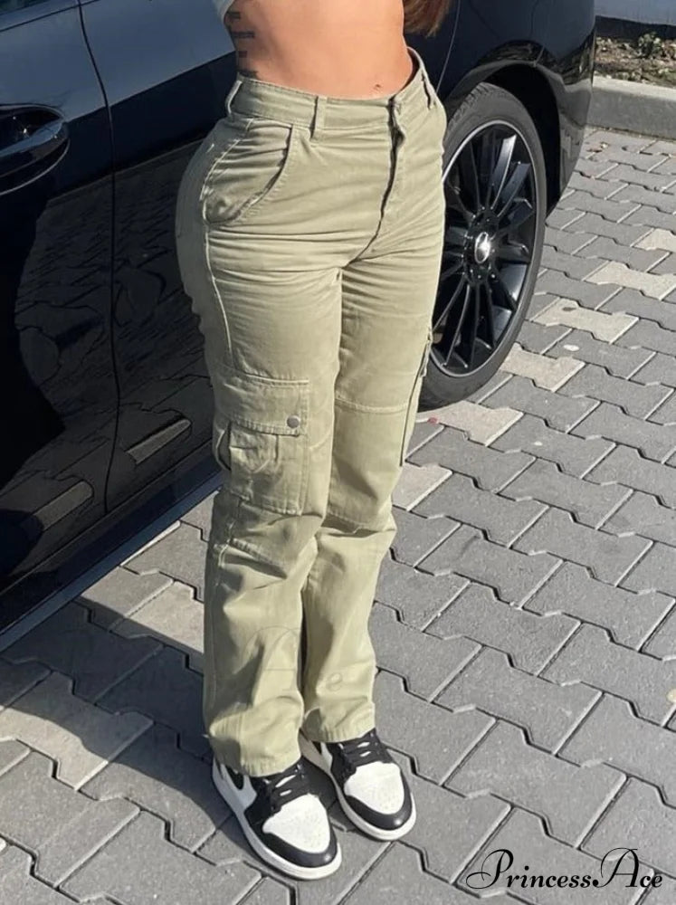 Fashion Baggy Cargo Big Pockets Pants Vintage Slim Y2K Women Waist Denim Armygreen High Khaki