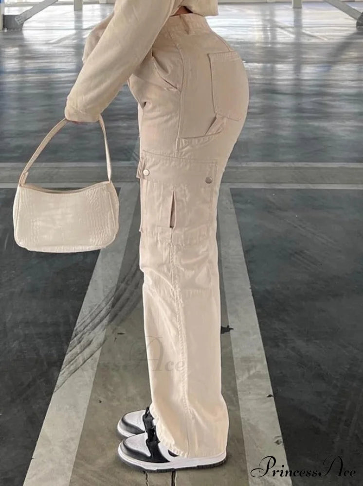 Fashion Baggy Cargo Big Pockets Pants Vintage Slim Y2K Women Waist Denim Armygreen High Khaki