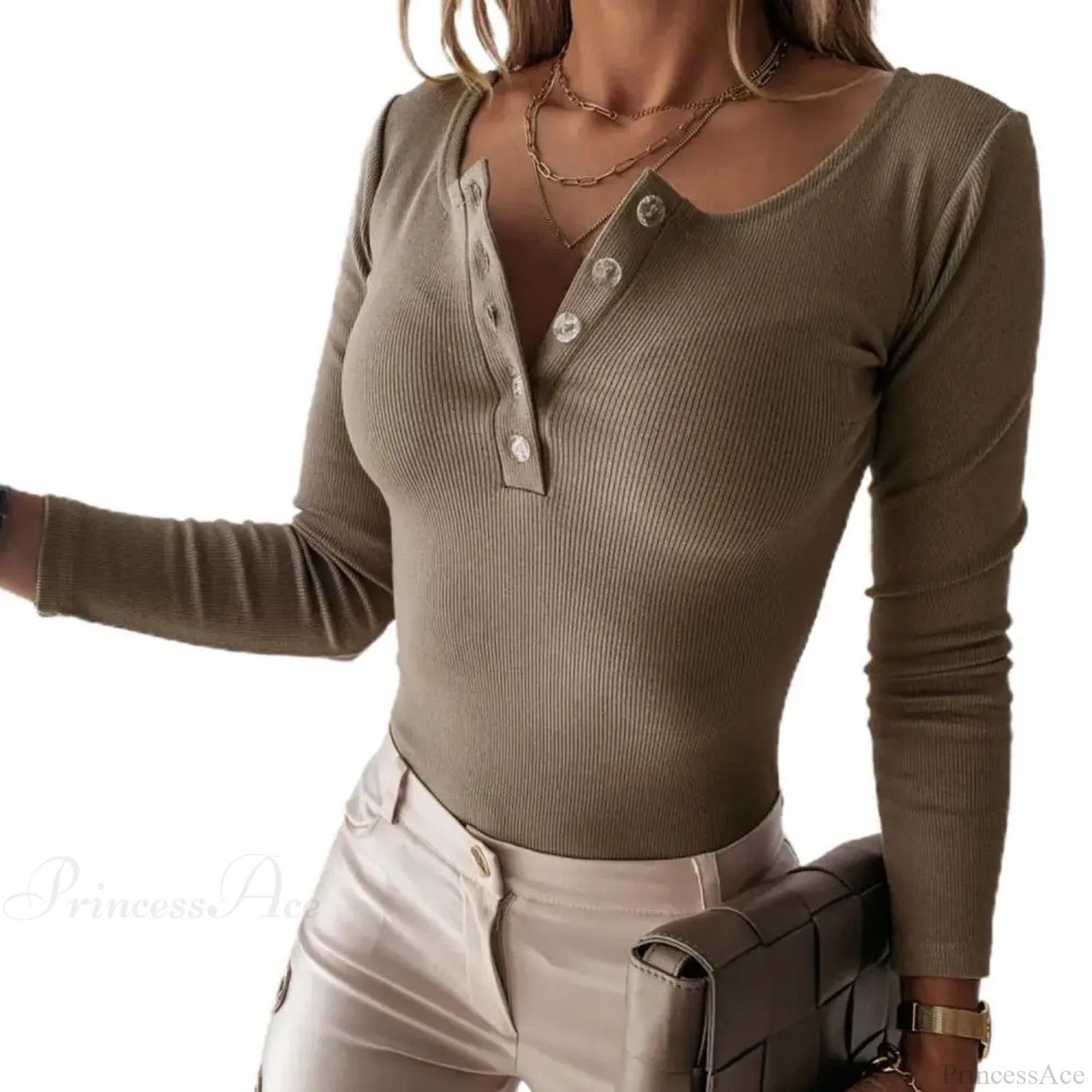 Fashion Crew Neck Solid Slim Fit Knit Top Coffee / S knittop-250126