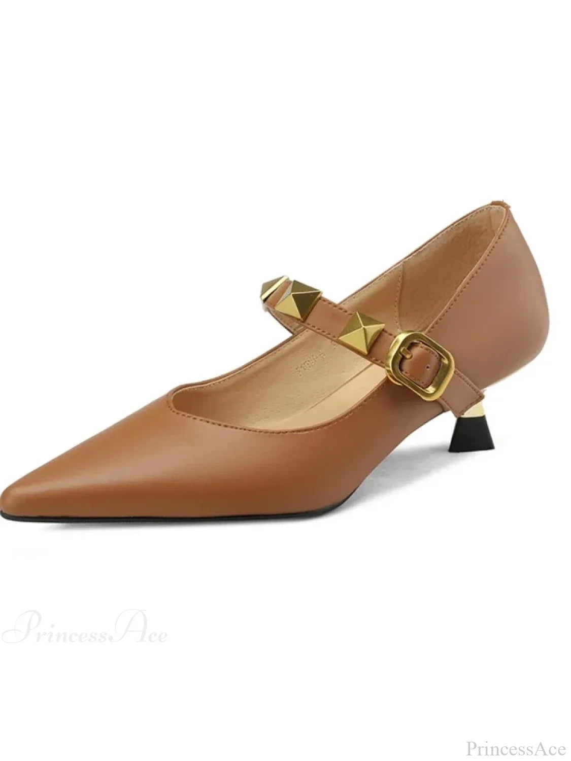 Fashion Fall Pointed Shallow Mouth Rivets Professional Temperament Low Heel Pump Brown / 35