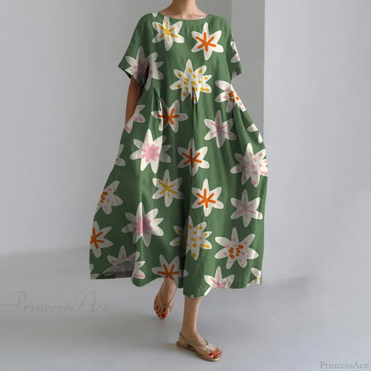 Fashion Floral Printed Short Sleeve Dinner Floral Dress green3 / S oldfloraldress-250126