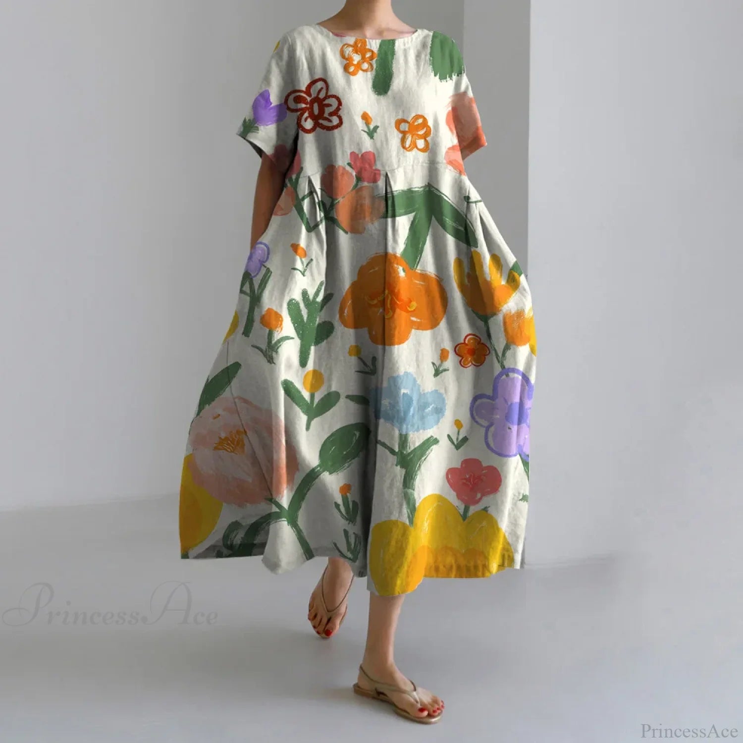 Fashion Floral Printed Short Sleeve Dinner Floral Dress yellow1 / S oldfloraldress-250126