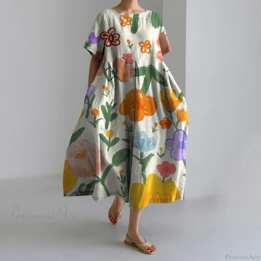 Fashion Floral Printed Short Sleeve Dinner Floral Dress yellow1 / S oldfloraldress-250126