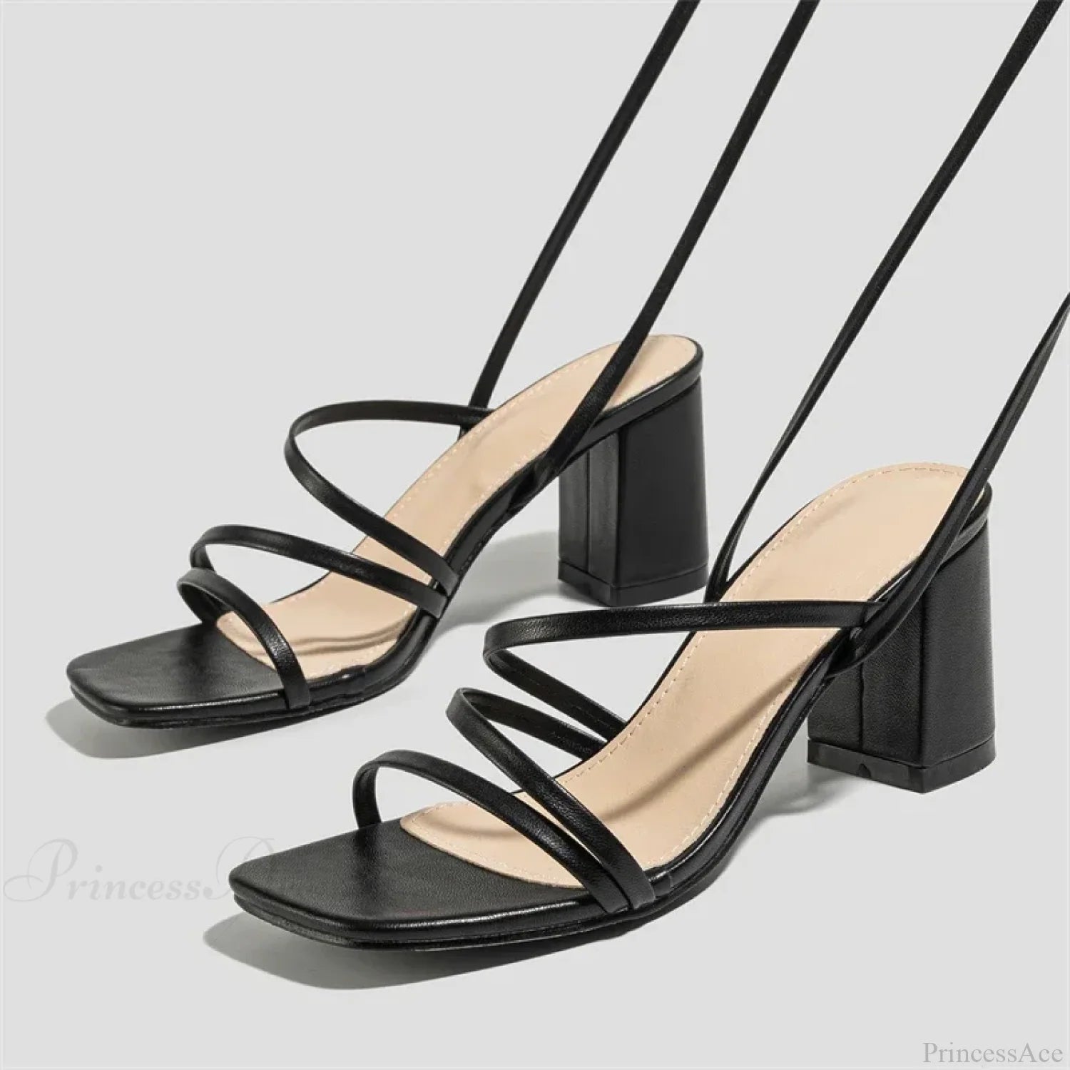 Fashion Narrow Band Ankle Cross-Strap Square Toe Banquet Party Low Heel Pump Black / 35