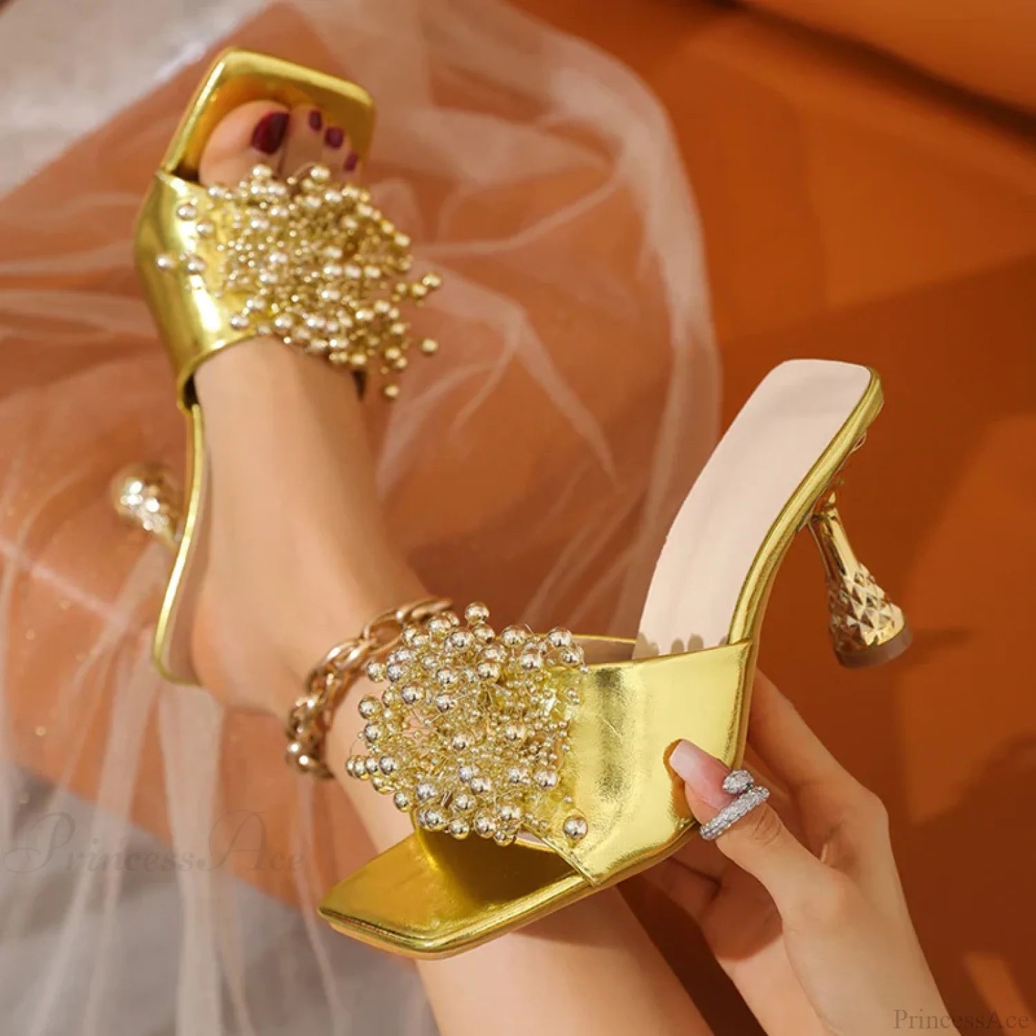 Fashion Pearl Leather Square Toe Mules Heels Beach Party Dress High Heel