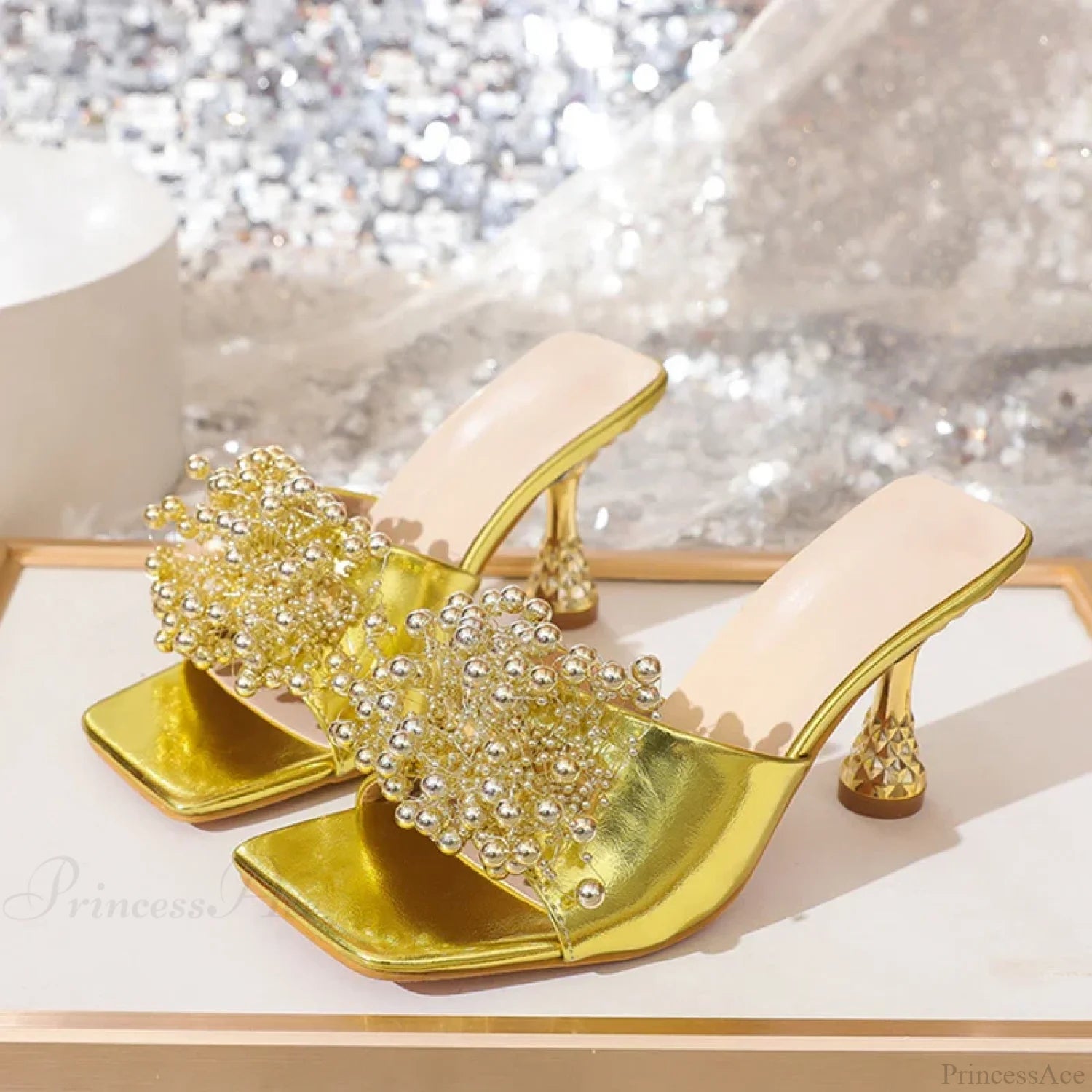 Fashion Pearl Leather Square Toe Mules Heels Beach Party Dress High Heel