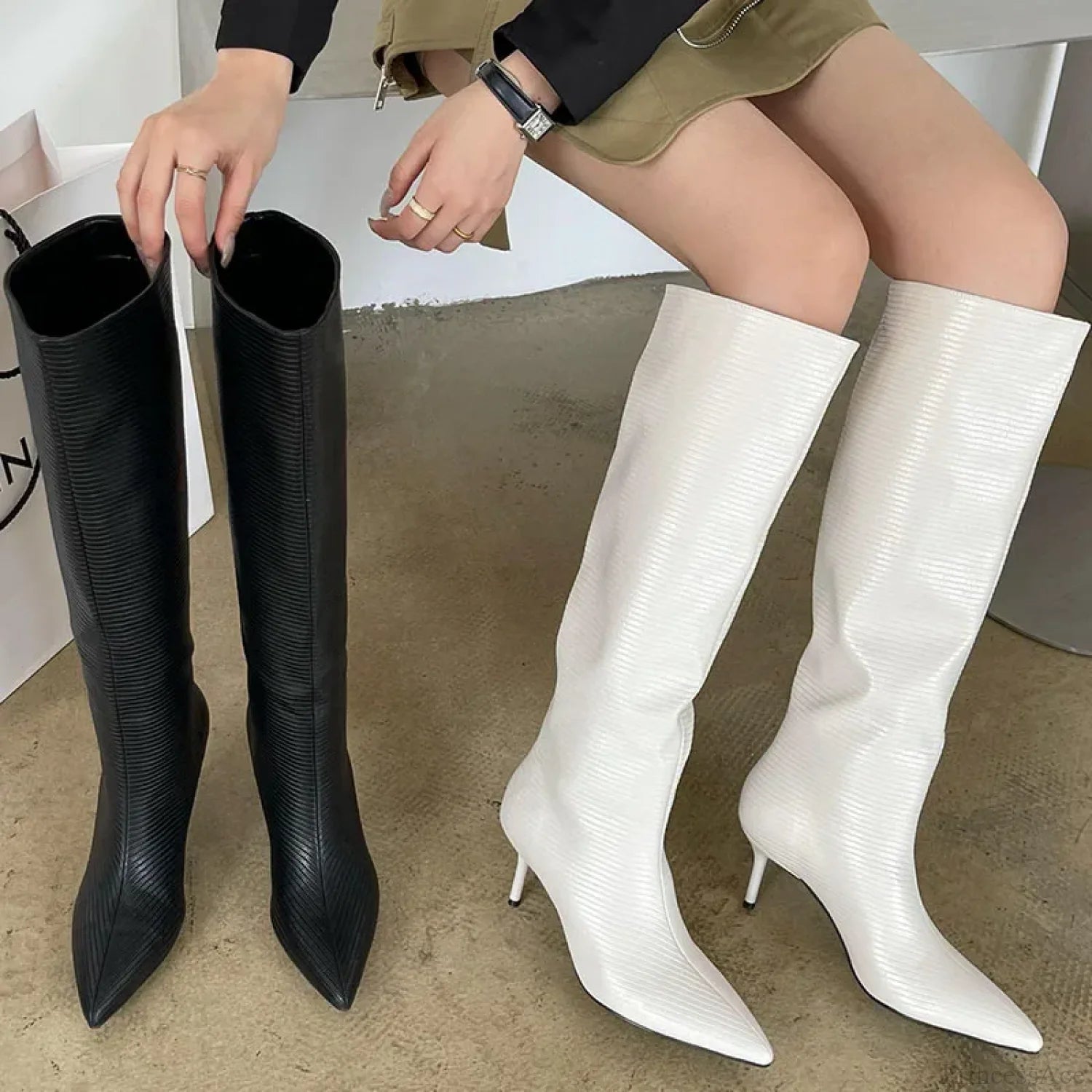 Fashion Pointed Designer Modern Party Western Long Thin Low Heel Knee High Boot