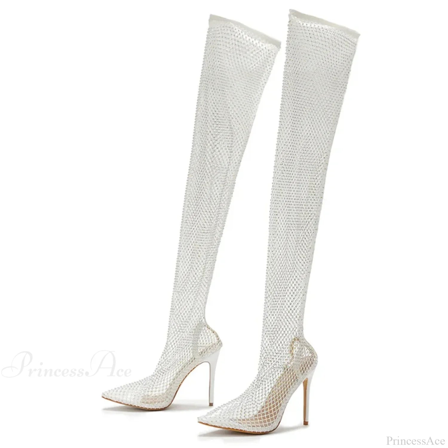 Fashion Rhinestone Fishnet Mesh Women Pumps High-Heels Socks Over-The-Knee Boots Pointed-Toe