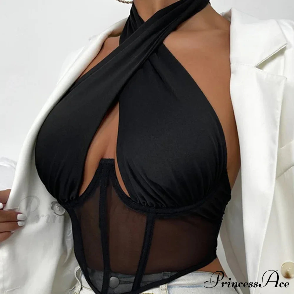 Fashion Sexy Hollow Tie-Up Halter Backless See-Through Mesh Stylish Elegant Trendy Crop Top