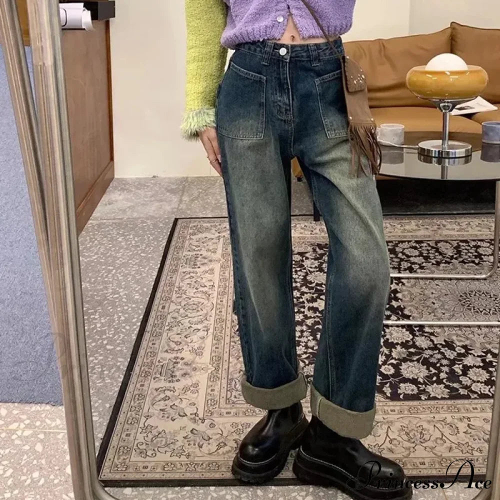 Fashion Straight Women Pant Woman High Waist Denim Pants Wide Leg Clothing Blue Vintage Quality