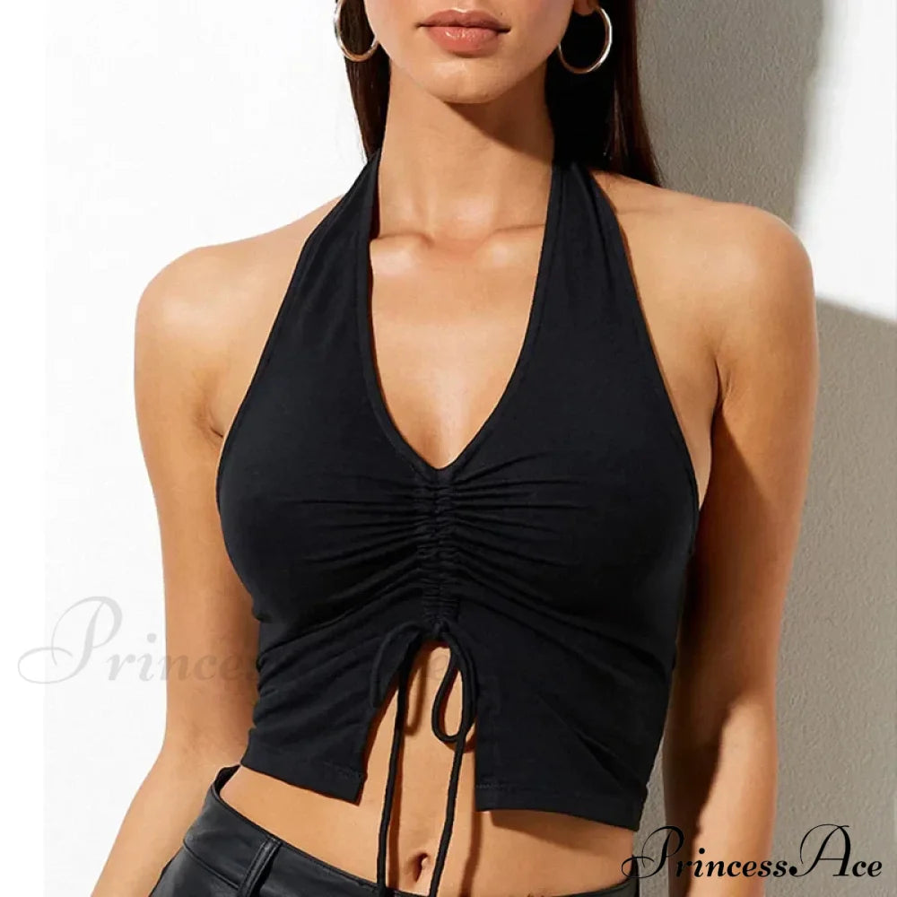 Fashion Women Lace Up Halter Black Sleeveless Drawstring Slim Fit Crop Club Summer Camis Streetwear