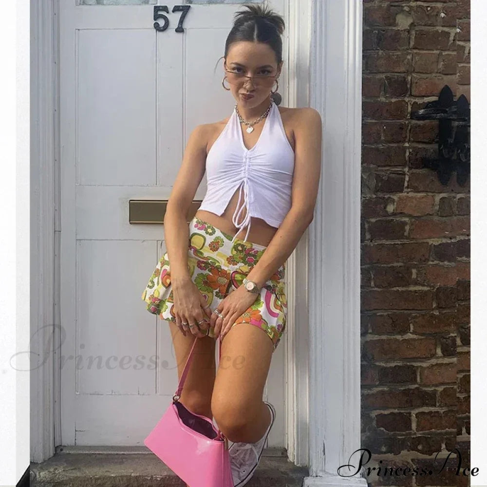 Fashion Women Lace Up Halter Black Sleeveless Drawstring Slim Fit Crop Club Summer Camis Streetwear